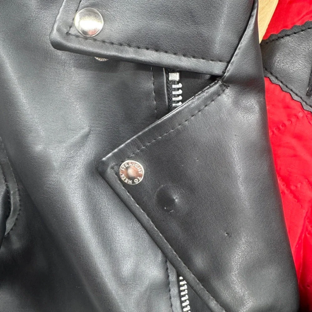 Straight to Hell Moto‎ Jacket Large Black Faux Leather Red Quilted Lined Belted